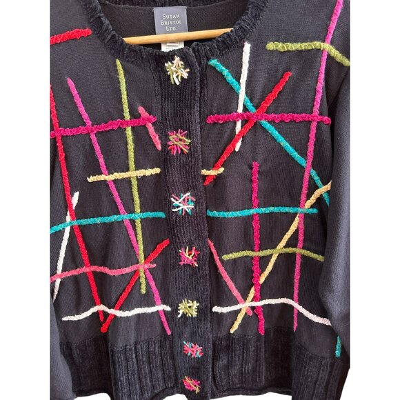 Susan Bristol Ltd. XL Hand Embroidered Black Cardigan Sweater - Picture 2 of 4